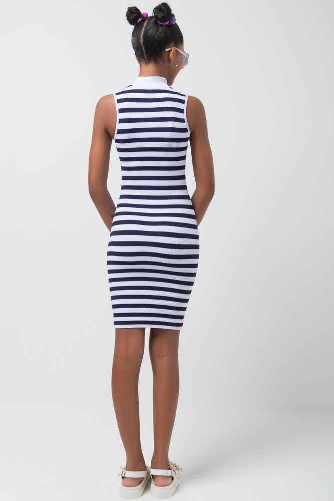 Stripe Seamless Turtleneck Sleeveless Dress Navy (2)