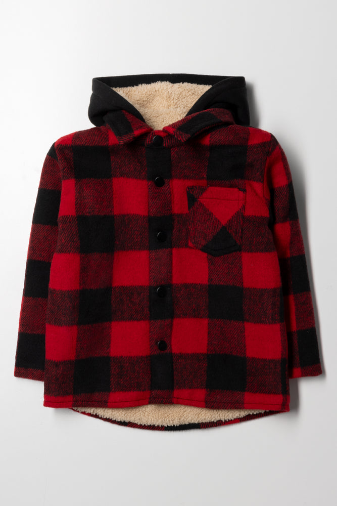 Check Hooded Shacket Black And Red