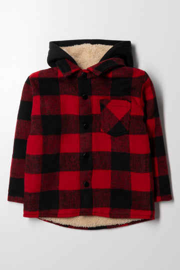 Check Hooded Shacket Black And Red