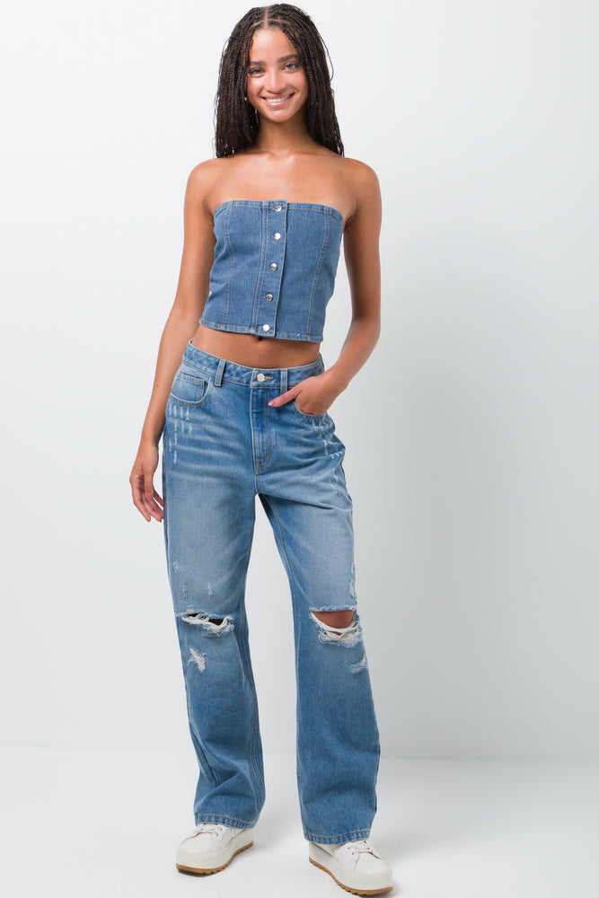 Ripped Straight Leg Denim Jeans Light Blue
