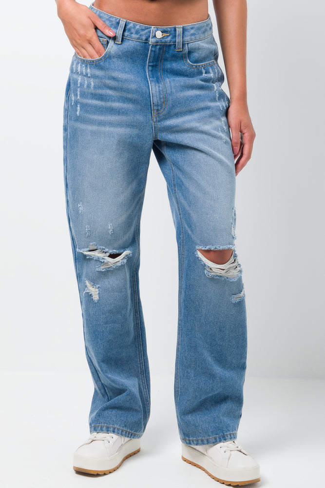 Ripped Straight Leg Denim Jeans Light Blue