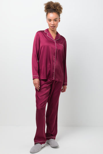 Long Sleeve Satin Button Through Pyjama Set Red