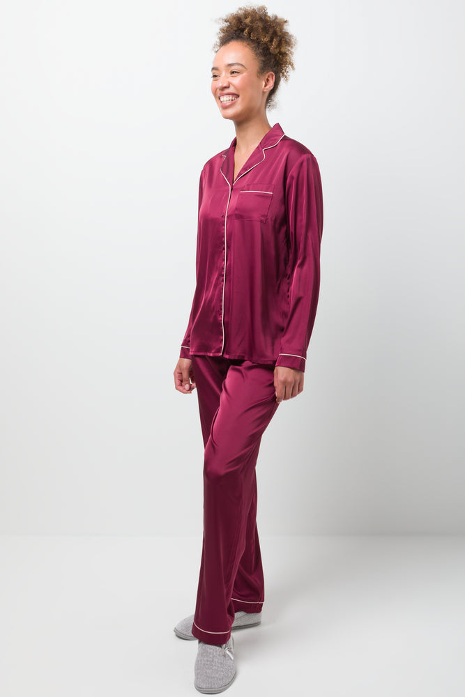 Long Sleeve Satin Button Through Pyjama Set Red (1)