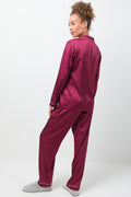 Long Sleeve Satin Button Through Pyjama Set Red (2)