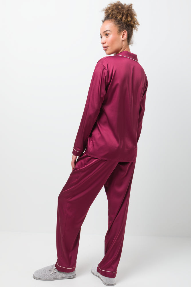 Long Sleeve Satin Button Through Pyjama Set Red (2)