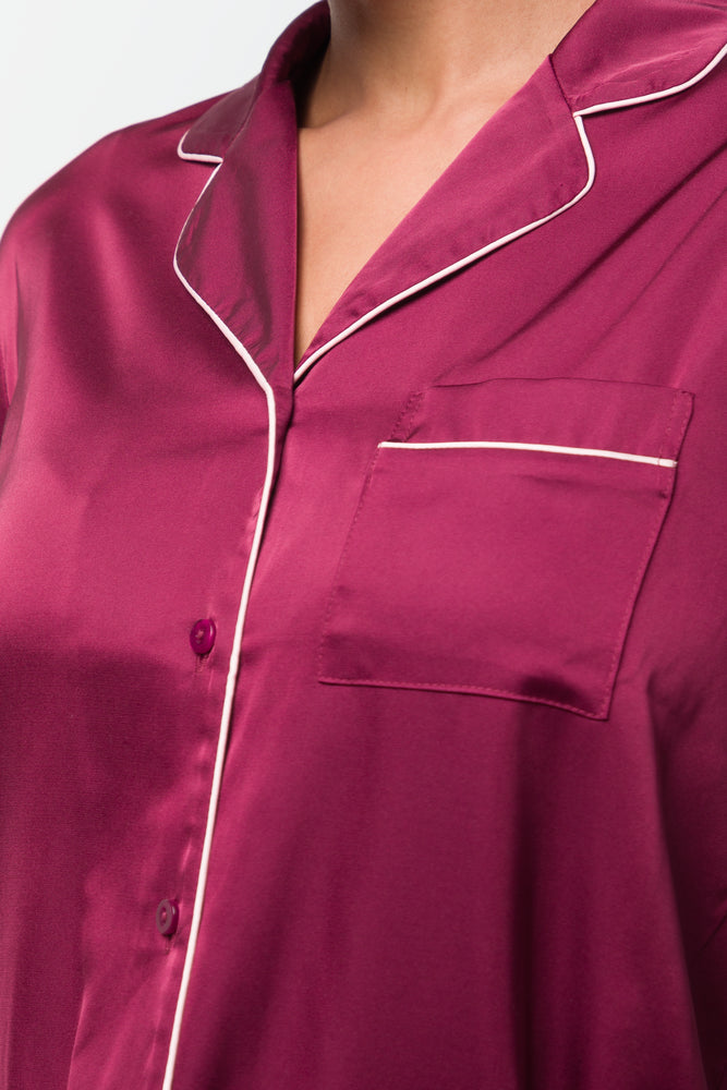 Long Sleeve Satin Button Through Pyjama Set Red (3)