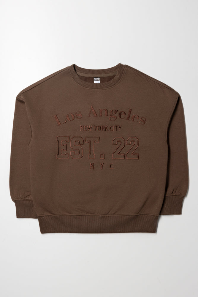 Oversized Embroidered Crew Neck Brown