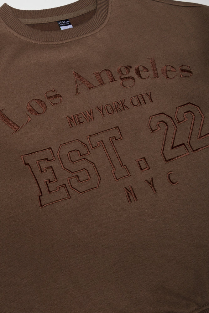 Oversized Embroidered Crew Neck Brown