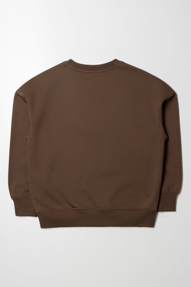 Oversized Embroidered Crew Neck Brown (2)