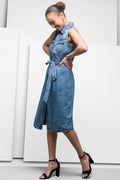 Sleeveless Belted Denim Dress Blue (1)