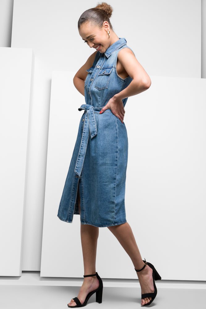 Sleeveless Belted Denim Dress Blue (1)