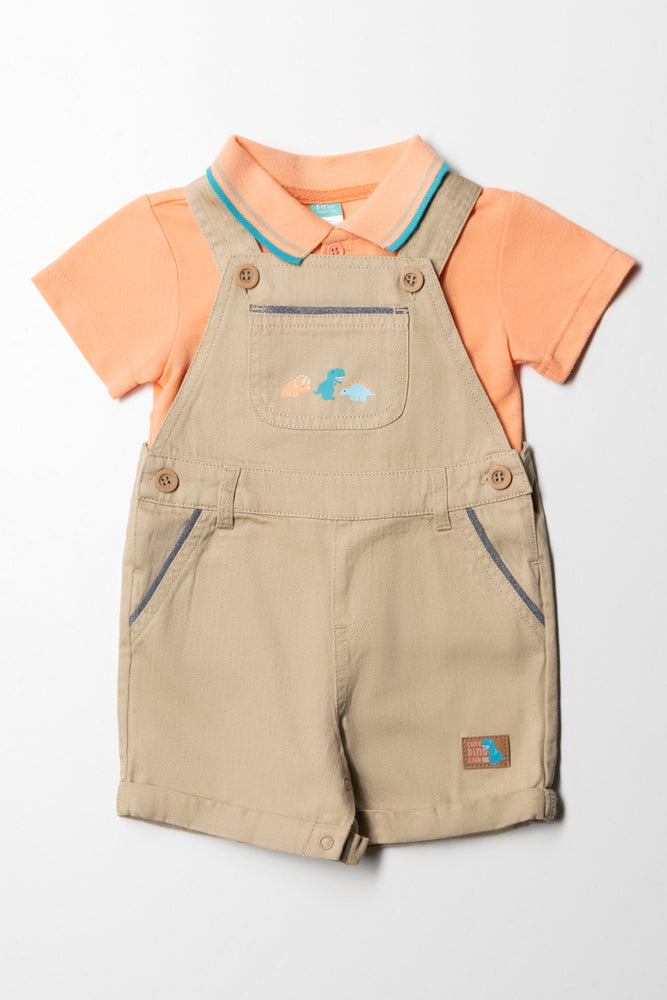 Dinosaur Dungaree Set Coral