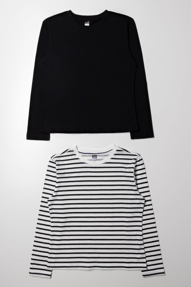 2 Pack Stripe Crew Neck T-Shirts Black And White