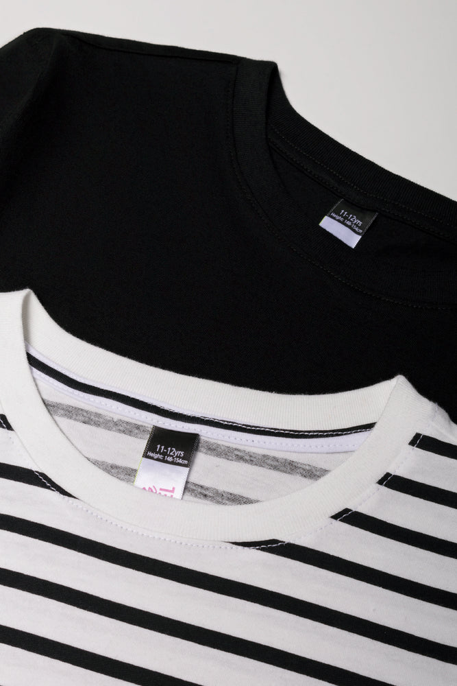 2 Pack Stripe Crew Neck T-Shirts Black And White (1)