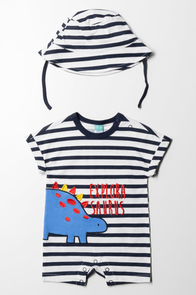 Dino Stripe Romper Set White And Navy