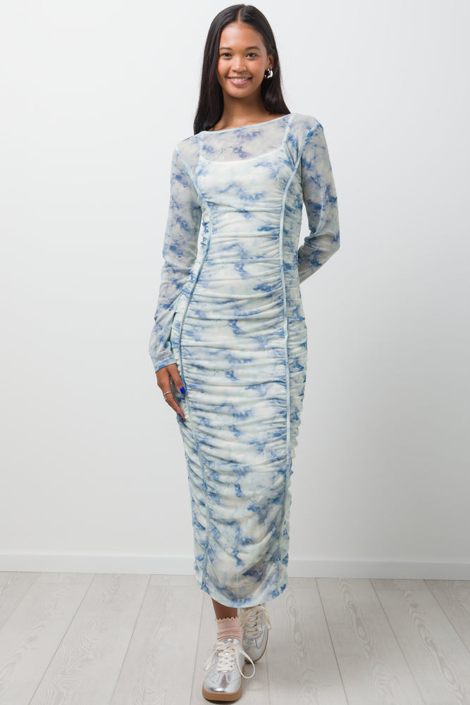 Long Sleeve Mesh Dress White & Blue