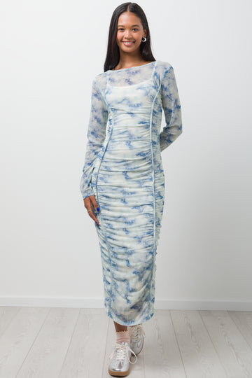 Long Sleeve Mesh Dress White & Blue