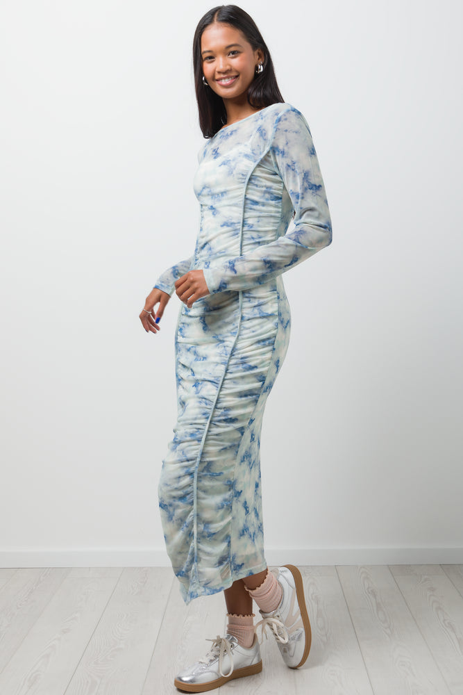 Long Sleeve Mesh Dress White & Blue (1)