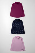 3 Pack Floral Polonecks Navy, Purple And Burgundy