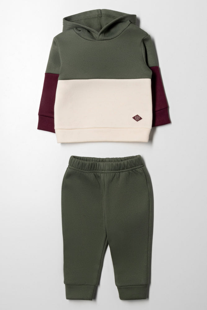 Colourblock Hooded Tracksuit Green, Cream and Burgundy