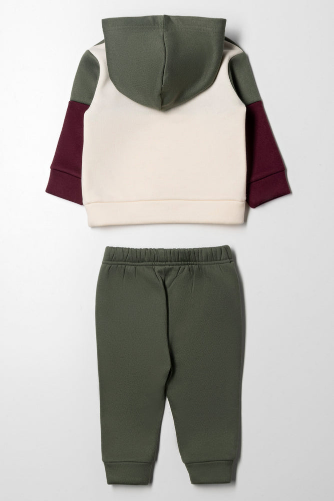 Colourblock Hooded Tracksuit Green, Cream and Burgundy (3)