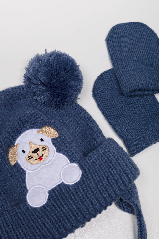 Puppy Beanie And Mittens Set Navy