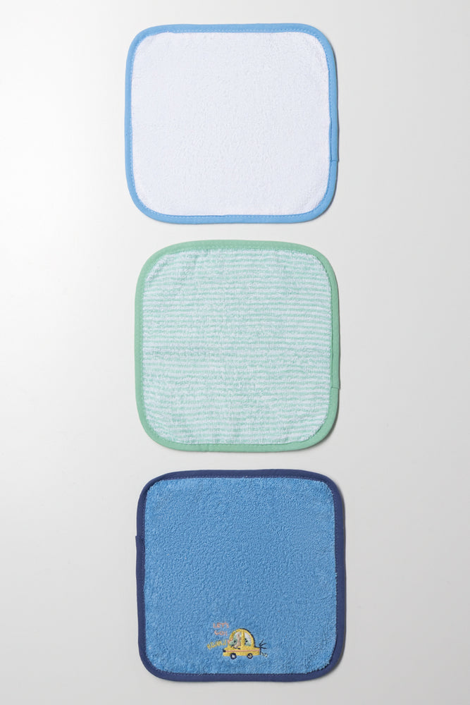 3 Pack Face Cloth White, Green And Blue