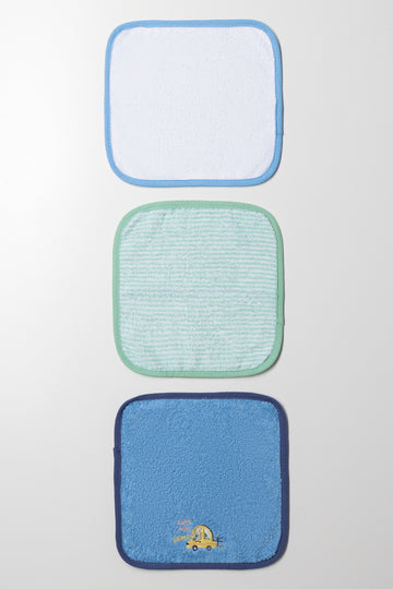 3 Pack Face Cloth White, Green And Blue