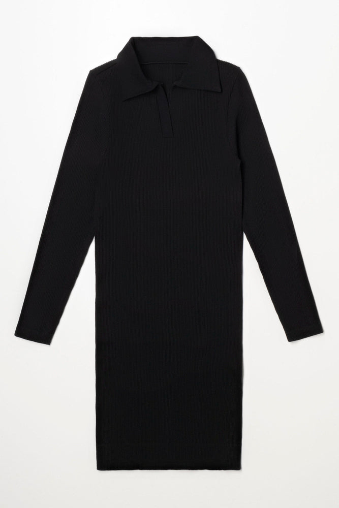 Collar Long Sleeve Seamless Dress Black