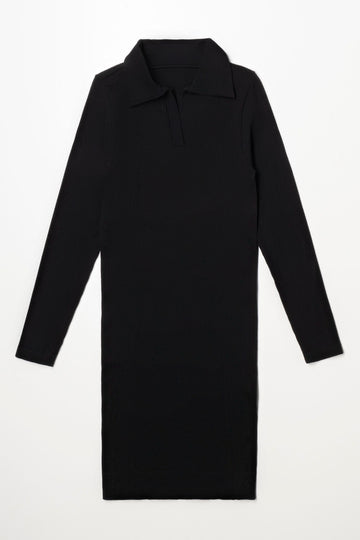Collar Long Sleeve Seamless Dress Black
