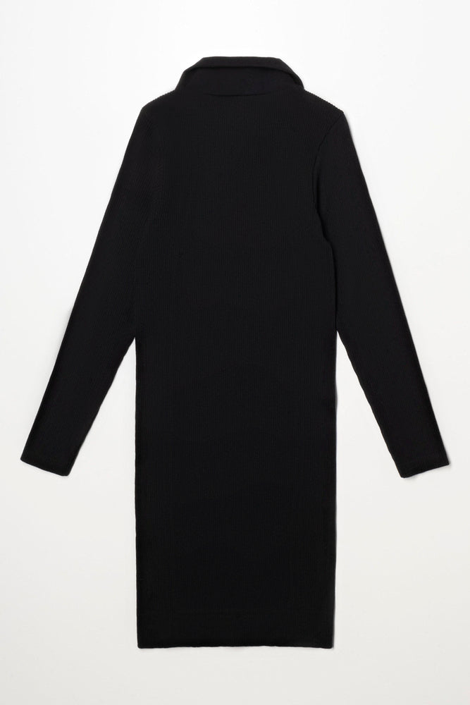 Collar Long Sleeve Seamless Dress Black (2)