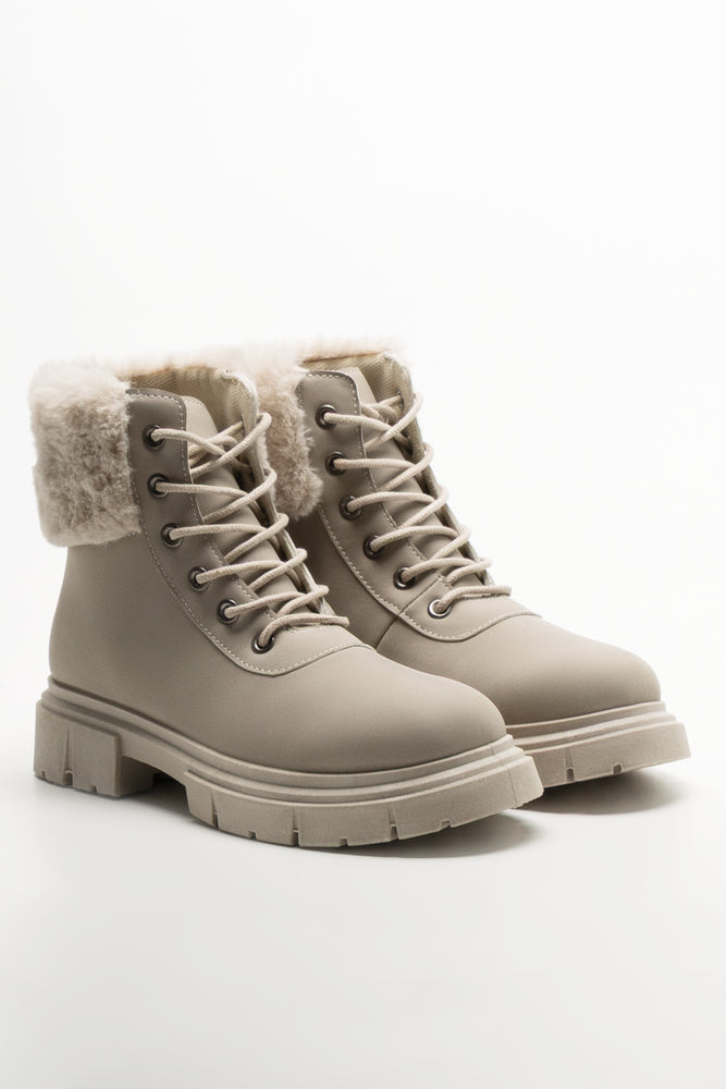 Fur Trim Lace Up Boots Natural