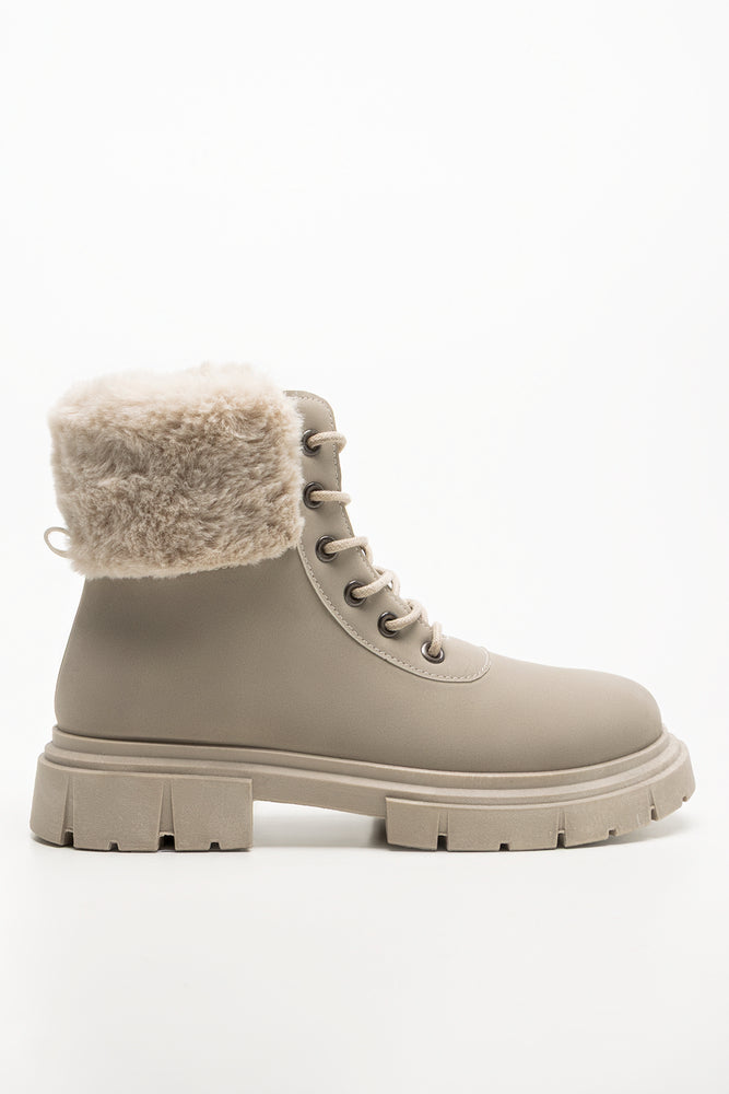 Fur Trim Lace Up Boots Natural (1)