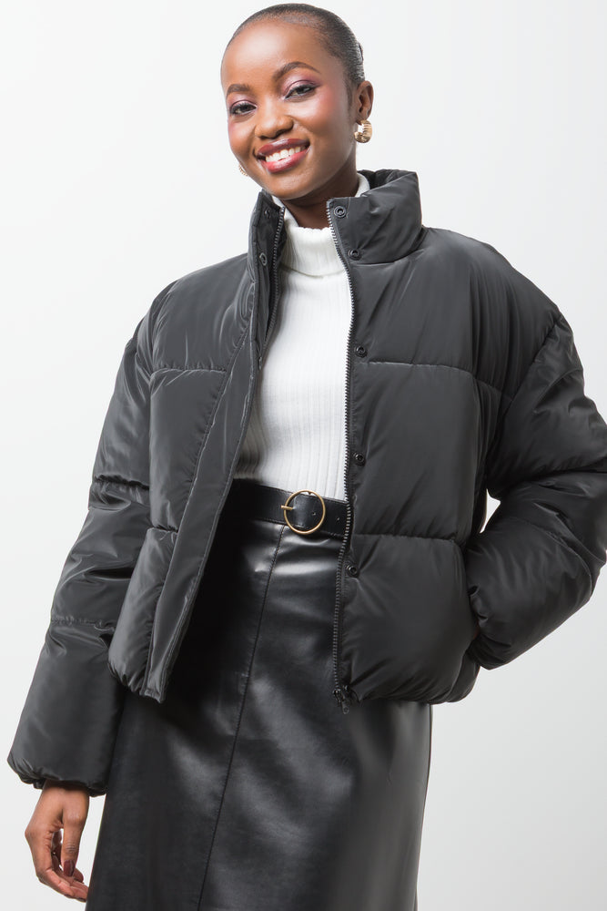 Coated Crop Puffer Jacket Black
