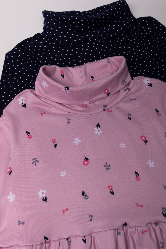 2 Pack Floral Poloneck Dresses Pink And Navy