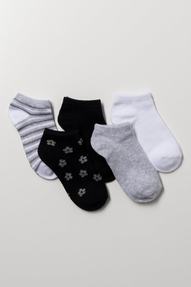 5 Pack Flower And Stripe Socks Black, White And Grey