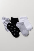 5 Pack Flower And Stripe Socks Black, White And Grey
