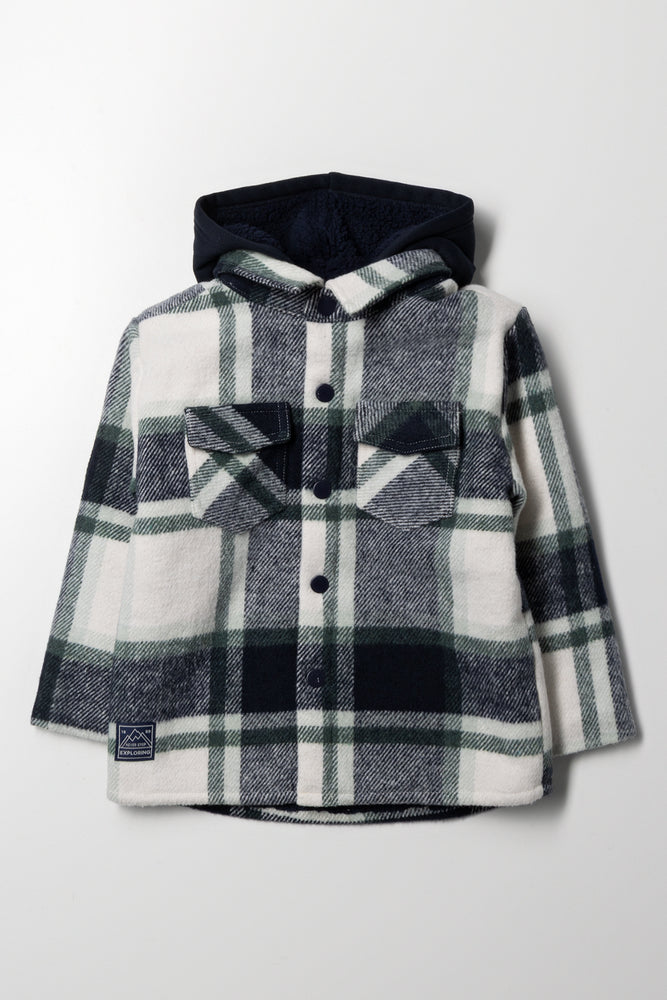Melton Hooded Check Shacket Navy & Green