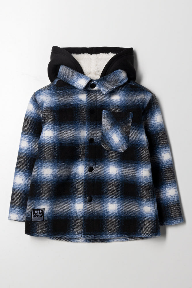 Hooded Check Shacket Navy