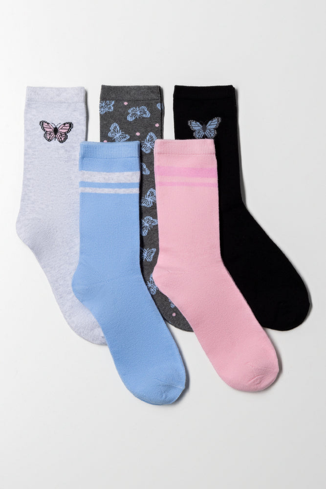 5 Piece Butterfly Anklet Socks Multi