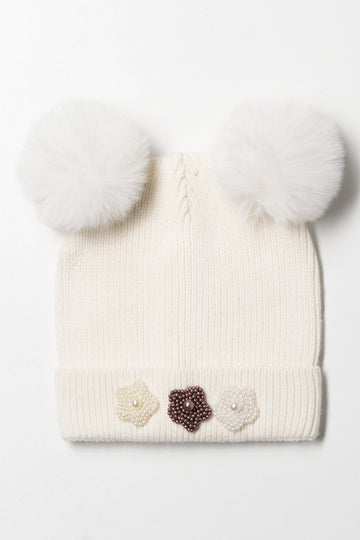 Beaded Flowers Beanie Cream