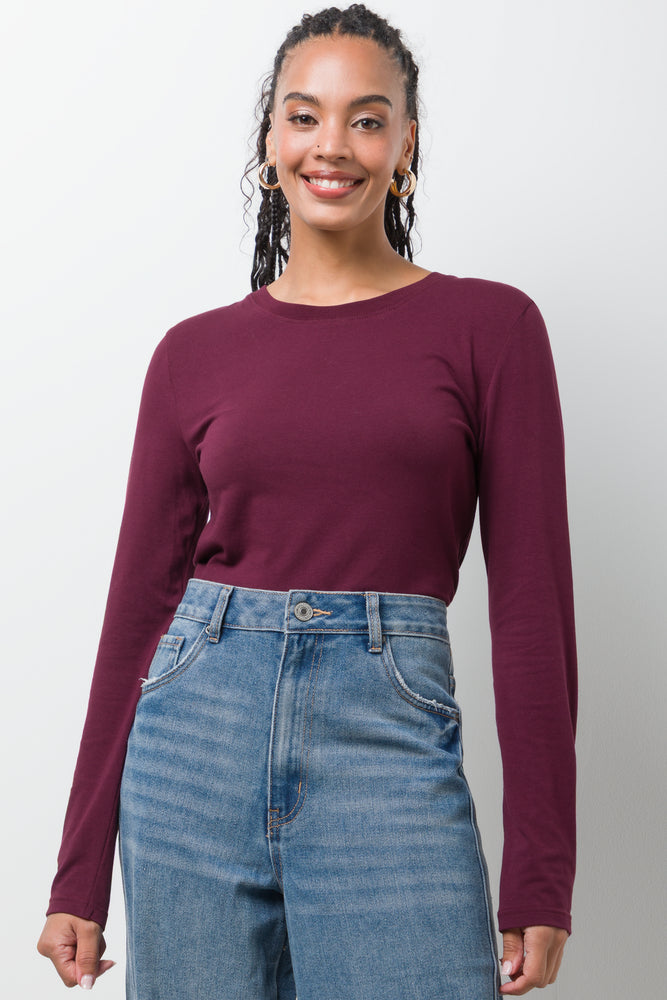 Crew Neck Long Sleeve T-Shirt Burgundy