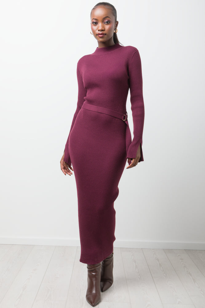 Long Sleeve Belted Dress Burgundy