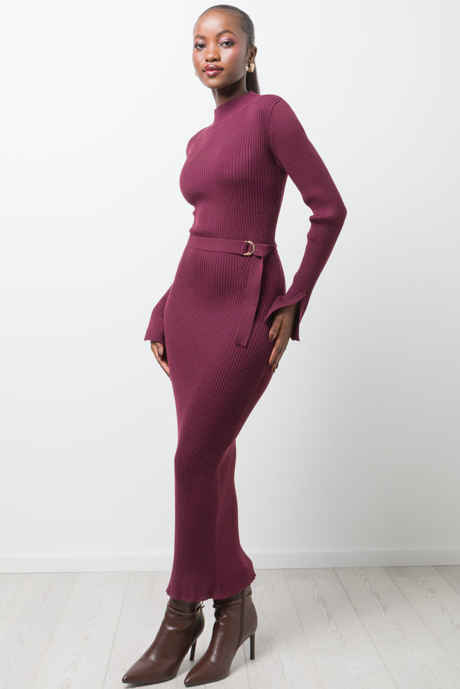 Long Sleeve Belted Dress Burgundy