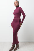 Long Sleeve Belted Dress Burgundy (1)