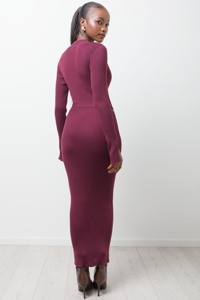 Long Sleeve Belted Dress Burgundy (2)