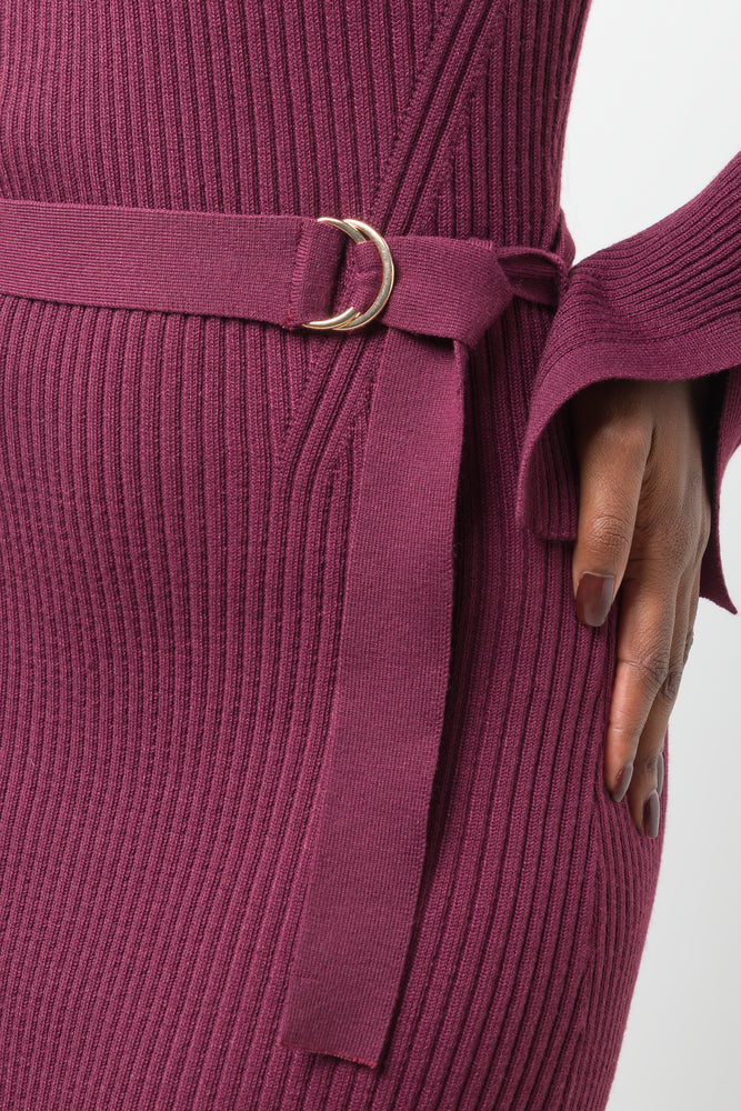Long Sleeve Belted Dress Burgundy (3)