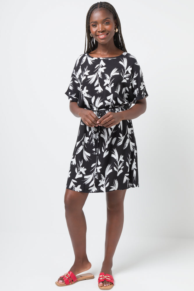 Belted Boatneck Shift Dress Black