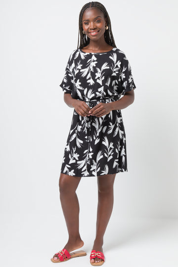 Belted Boatneck Shift Dress Black