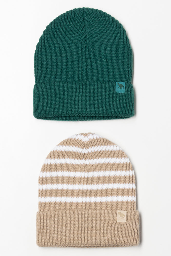 2 Pack Beanies Green And Natural
